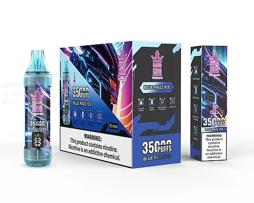 Three views of Bang King Tornado Blue Razz Ice vape devices and packaging, including a clear vape bottle, a 10-pack box with warning labels, and a single smaller box, all featuring blue and purple futuristic designs.