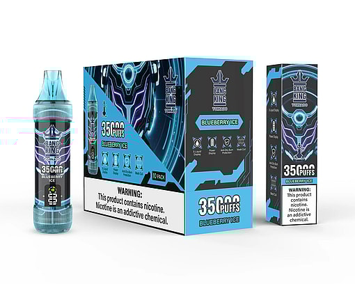 Bang King Tornado Blueberry Ice disposable vape device next to its 10-pack retail box and individual box, featuring blue and black futuristic design with nicotine warning labels and icons for E-liquid, power display, anti-dry burn protection, and mesh coil.