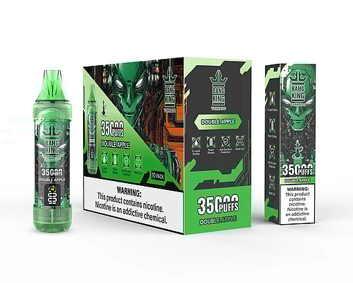 Bang King Tornado disposable vape device and packaging in green themed double apple flavor, showing 35,000 puffs with warnings about nicotine addiction and product features like e-liquid display, power display, anti-dry burn protection, and mesh coil.