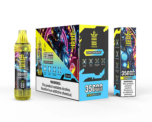 Bang King Tornado Lemon Mint vaping device with a yellow transparent cap and LED design, next to its colorful packaging box displaying 35,000 puffs, lemon mint flavor, and warnings about nicotine addiction, featuring futuristic artwork and icons for e-liquid display, power display, anti-dry burn protection, and mesh coil.