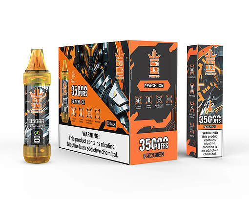 Bang King Tornado disposable vape device and packaging in peach ice flavor with 3500 puffs, showing vape device, 10-pack box, and a single box with nicotine warning label and product features in black and orange design