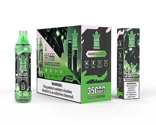 Green and black Bang King Tornado e-liquid vape device and packaging displaying 35,000 puffs, strawberry kiwi flavor, with warnings about nicotine content and features like e-liquid display, power display, anti-dry burn protection, and mesh coil.
