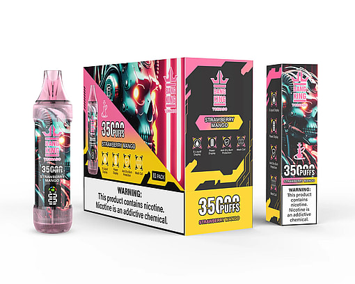 Bang King Tornado disposable vape device and packaging in Strawberry Mango flavor, showing a black and pink design with a mechanical skull graphic, highlighting 35,000 puffs and nicotine warning.