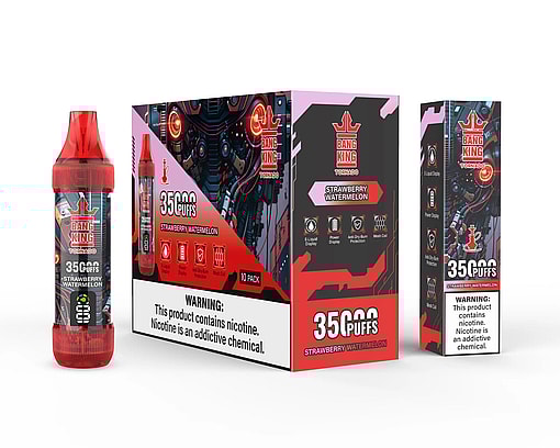 Bang King Tornado disposable vape device and packaging featuring strawberry watermelon flavor, highlighting 3500 puffs, power display, anti-dry-burn protection, and mesh coil features, with a nicotine warning label.