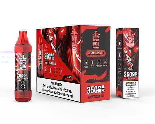 Bang King Tornado watermelon flavored vaping device and packaging featuring bold red and black design with a menacing robotic face, indicating 35,000 puffs, e-liquid display, power display, anti-dry burn protection, mesh coil, and nicotine warning label.
