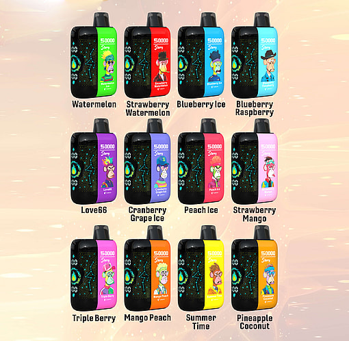 Twelve colorful disposable vape devices arranged in three rows, each with unique cartoon animal artwork and flavor labels including Watermelon, Strawberry Watermelon, Blueberry Ice, Blueberry Raspberry, Love66, Cranberry Grape Ice, Peach Ice, Strawberry Mango, Triple Berry, Mango Peach, Summer Time, and Pineapple Coconut, each marked with '50000' puffs and 'Starry'.