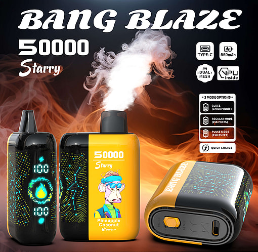 Three BANG BLAZE 50000 Starry vape devices, one black with blue glowing flame and numeric display, one yellow and black with a cartoon pineapple coconut monkey illustration, and one showing the bottom with a push switch and Type-C charging port, all set against a smoky fiery background with text describing features like Type-C, 550mAh, dual mesh, NPU inside, three mode options, and quick charge.