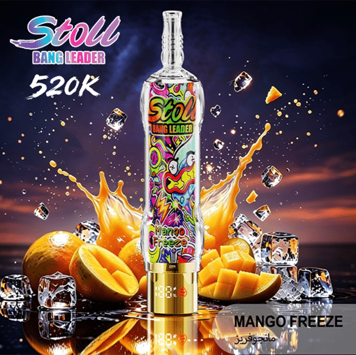 Colorful Stoli Bang Leader mango freeze bottle with mango chunks and ice splashing against a dark background