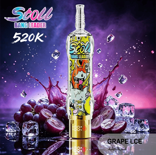 Bottle of Stoli Bang Leader Grape Ice with purple grape ice splash and floating ice cubes, text “520K” and “GRAPE ICE”
