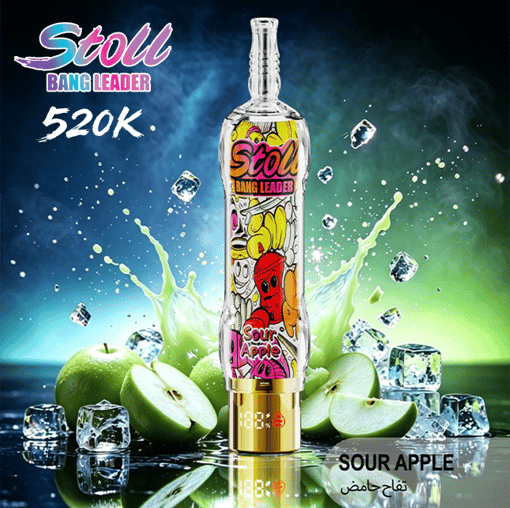 Tall Stoli Bang Leader bottle with comic label, surrounded by ice, apple slices, and “SOUR APPLE” text