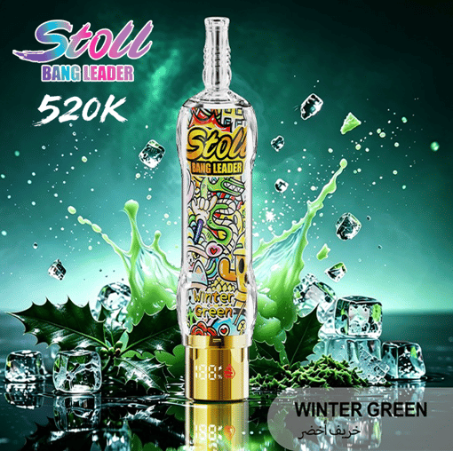 Stoli Bang Leader winter green bottle with icy cubes and green splash against a dark green background