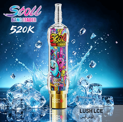 Stoli Bang Leader “Lush Ice” bottle with colorful label, surrounded by ice cubes and splashing water, blue background