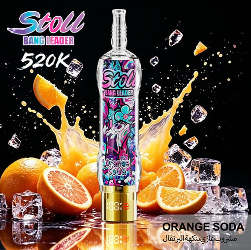 Stoli Bang Leader orange soda bottle with splashing citrus, ice cubes, and “ORANGE SODA” text on black background