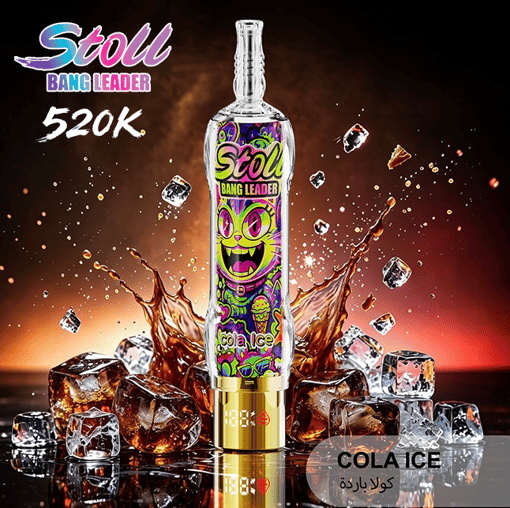 Tall “Stoll Bang Leader” Cola Ice bottle with ice cubes and splash, “520K” text on dark background