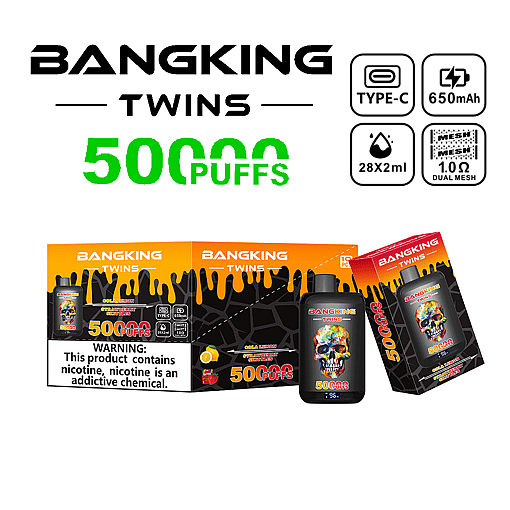 BANGKING TWINS vaping product packaging and logo showing 5000 puffs, features include Type-C charging, 650mAh battery, 28x2ml e-liquid capacity, and 1.0Ω dual mesh coil, with black boxes and bottles featuring a colorful skull design and a nicotine warning label.