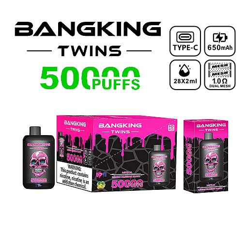 Bangking Twins vaping device with 50,000 puffs, featuring a black and pink design with a skull graphic; includes Type-C charging, 650mAh battery, 28x2ml capacity, and 1.0 ohm dual mesh coil.