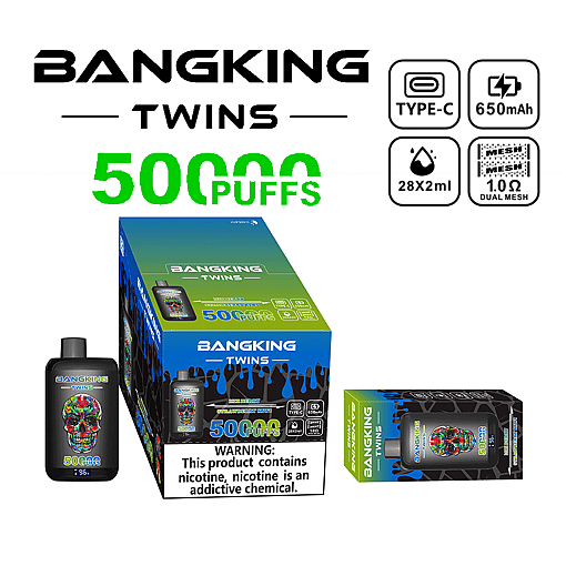 Bangking Twins vaping device packaging and two vaping devices, highlighting features like 5000 puffs, Type-C charging, 650 mAh battery, 28x2 ml capacity, and dual mesh 1.0 ohm coils
