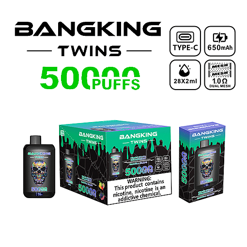 BANGKING TWINS disposable vape packaging and device, featuring 50000 puffs capacity, Type-C charging, 650 mAh battery, 28 ml e-liquid (2x14 ml), and 1.0 ohm dual mesh coil, with a warning about nicotine addiction.