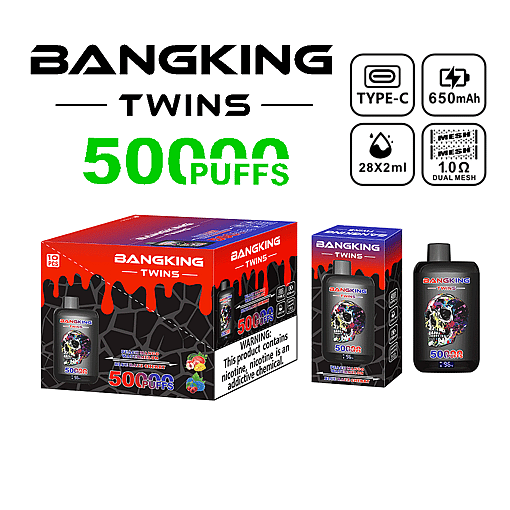 Bangking Twins disposable vape packaging and device featuring a skull design, advertised with 5000 puffs, Type-C charging, 650mAh battery, 28x2ml e-liquid capacity, and 1.0 ohm dual mesh coil, with flavors Peach Mango Watermelon and Blue Razz Cherry.