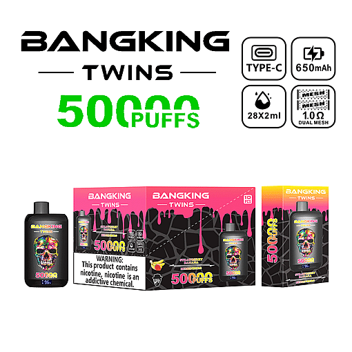 Bangking Twins disposable vape packaging and device with colorful skull design, advertising 50000 puffs, Type-C charging, 650mAh battery, 28ml e-liquid capacity, and 1.0 ohm dual mesh coil, with nicotine warning label.