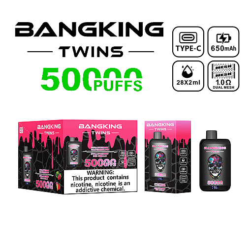 BANGKING TWINS disposable vape packaging highlighting 50,000 puffs, Type-C charging, 650mAh battery, 28x2ml e-liquid capacity, and 1.0 ohm dual mesh coil, with strawberry watermelon ice flavor and nicotine warning.