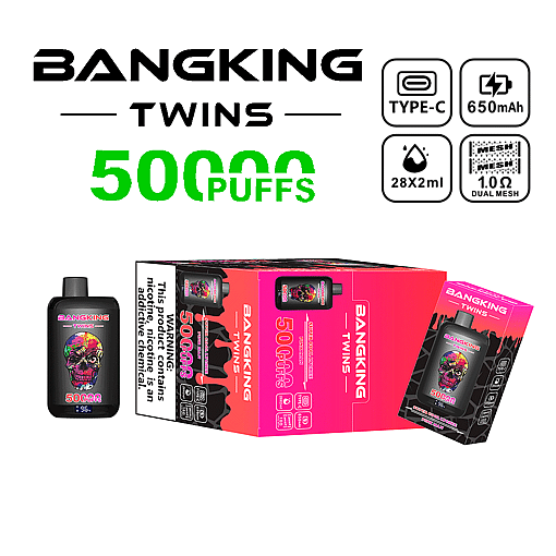 Bangking Twins vaping device with 5000 puffs capacity, featuring a colorful skull design on a black background, packaged with specifications including Type-C charging, 650mAh battery, 28x2ml liquid capacity, and 1.0 ohm dual mesh coil.