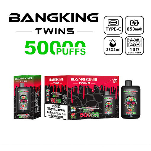BANGKING TWINS 5000 PUFFS disposable vape device with Type-C charging, 650mAh battery, 28x2ml e-liquid, 1.0 ohm dual mesh coil, featuring a black bottle with colorful skull design and watermelon strawberry flavor packaging.