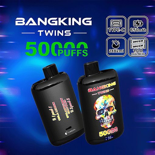 Two black disposable vape devices labeled BANGKING TWINS with colorful skull design on one and flavors "Cola Lemon" and "Strawberry Sweets" on the other, advertising 50,000 puffs on a blue gradient background with icons showing Type-C charging, 650 mAh battery, 28x2 ml liquid capacity, and 1.0 ohm dual mesh coils.