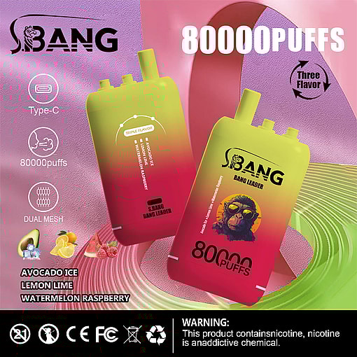 Two gradient-colored disposable vape devices with green to red coloring, labeled S. BANG BANG LEADER, set against a textured pink background with various product information such as 80000 puffs, Type-C charging, dual mesh, and three flavors: avocado ice, lemon lime, and watermelon raspberry.