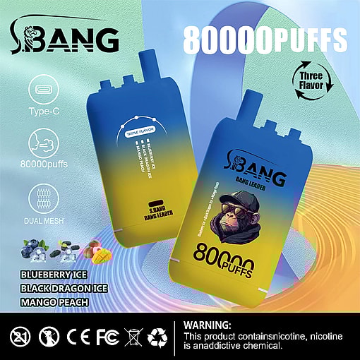 Two gradient blue and yellow disposable vaping devices labeled 'S.BANG BANG LEADER' with monkey wearing sunglasses graphic, advertised with features including Type-C charging, 80,000 puffs, dual mesh, and three flavors: blueberry ice, black dragon ice, and mango peach