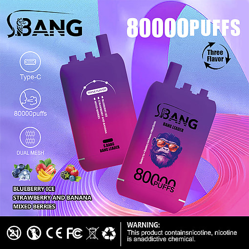 Two purple and pink gradient disposable vaping devices labeled S.BANG BANG LEADER, highlighting features such as 80,000 puffs, Type-C charging, dual mesh, and triple flavor options of blueberry ice, strawberry and banana, and mixed berries against a colorful purple and blue abstract background.