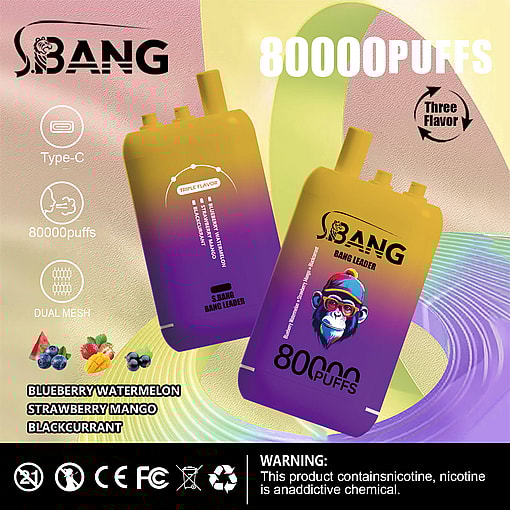 Two gradient purple and yellow S. Bang Bang Leader disposable vape devices with specifications highlighting 80000 puffs, Type-C charging, dual mesh, and three flavors: blueberry watermelon, strawberry mango, and blackcurrant on a colorful abstract background