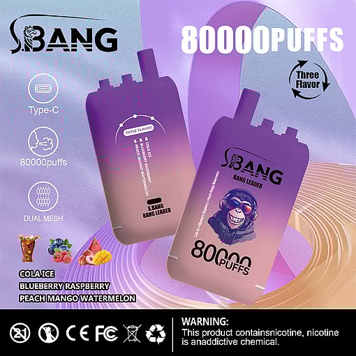 Two gradient purple disposable vape devices labeled S.Bang Bang Leader with 80000 puffs capacity, shown with flavor icons for cola ice, blueberry raspberry, and peach mango watermelon, and text noting type-C charging and dual mesh technology.