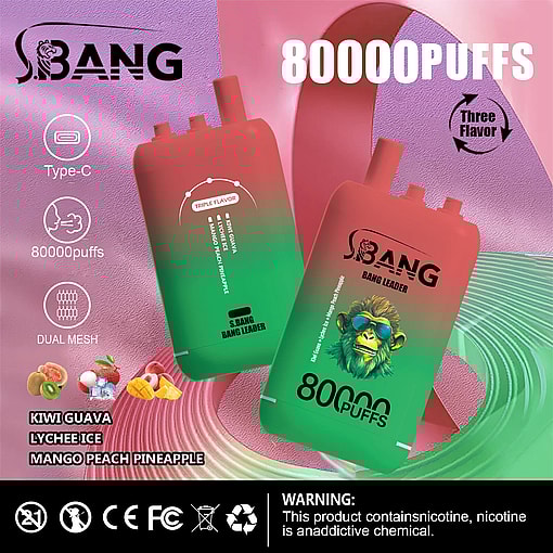 Two green and red gradient disposable vapes labeled S.BANG BANG LEADER with a monkey wearing sunglasses and text indicating 80,000 puffs and triple flavor options: kiwi guava, lychee ice, mango peach pineapple; icons show Type-C charging, dual mesh, and a warning about nicotine being addictive; background features abstract pink and green shapes.