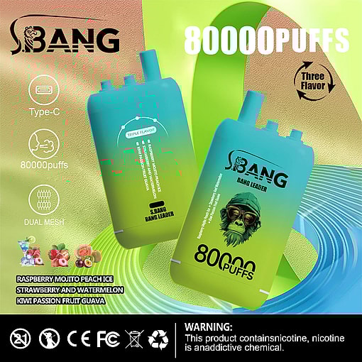 Two gradient blue-green disposable vape devices labeled S.BANG BANG LEADER with text highlighting 80000 puffs, triple flavor options, type-C charging, and dual mesh, alongside flavor options raspberry mojito peach ice, strawberry and watermelon, and kiwi passion fruit guava, displayed against a colorful abstract background.