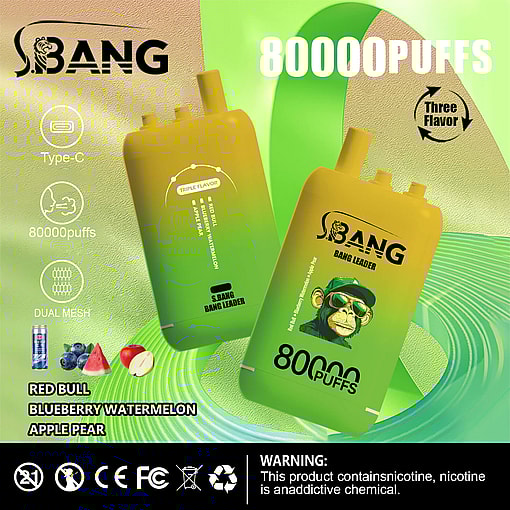 Two yellow and green gradient disposable vape devices labeled BANG with features listed including type-C charging, 80000 puffs, dual mesh, triple flavor options of red bull, blueberry watermelon, and apple pear, and a warning about nicotine addiction.