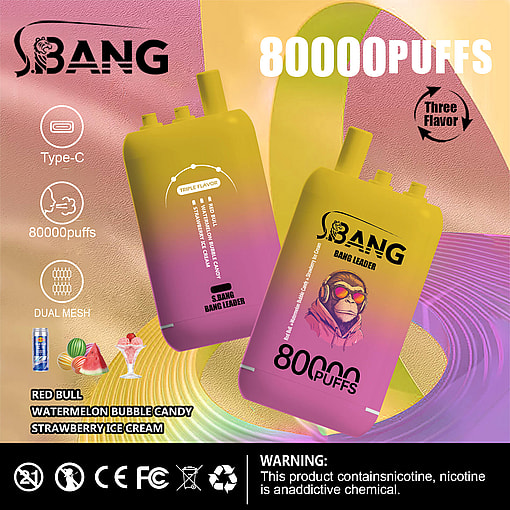 Two yellow to pink gradient disposable vape devices labeled 'S.BANG BANG LEADER' with icons indicating Type-C charging, 80000 puffs, and dual mesh, featuring flavors Red Bull, Watermelon Bubble Candy, and Strawberry Ice Cream, against a colorful abstract background with brand logo and warning about nicotine.