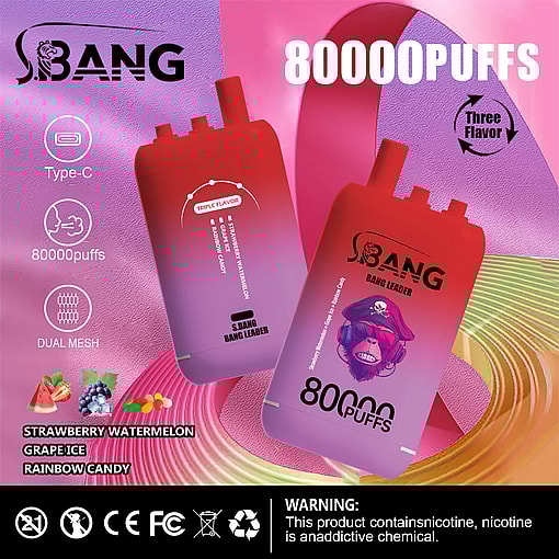 Two red gradient disposable vape devices labeled 'S.BANG Bang Leader' with an illustration of a pirate monkey wearing sunglasses and a bandana, advertising 80,000 puffs and triple flavors: strawberry watermelon, grape ice, and rainbow candy, on a pink and purple abstract background with product features listed on the left.