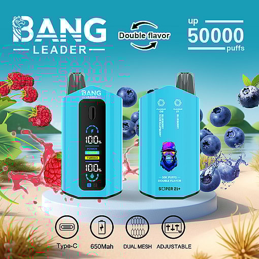 Two blue Bang Leader vaping devices with digital displays, featuring double flavor options of blueberry and sour raspberry, depicted with raspberries and blueberries splashing in the background, highlighting 50,000 puffs, Type-C charging, 650mAh battery, dual mesh, and adjustable settings.