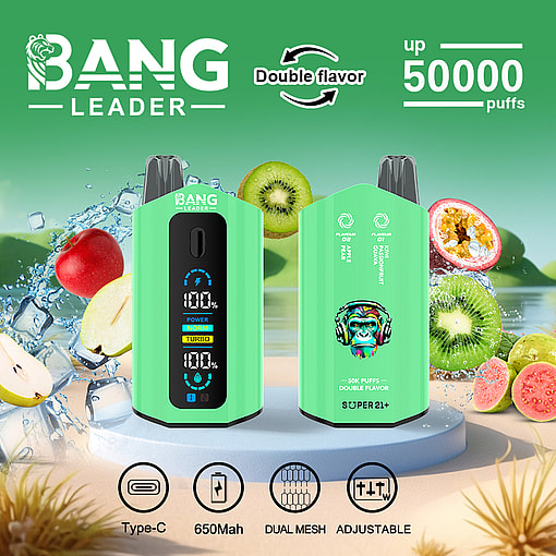 Bang Leader vape device shown front and back with green casing, digital display and tropical fruit flavors including kiwi, passion fruit, and apple, highlighting double flavor and up to 50,000 puffs, with features Type-C charging, 650mAh battery, dual mesh coil, and adjustable wattage.