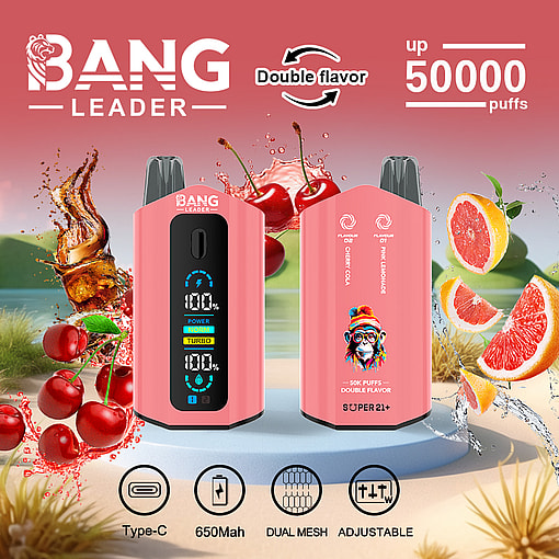 Two pink Bang Leader vape devices on a pedestal with cherries, cola splash, and grapefruit slices in the background, highlighting double flavor of cherry cola and pink lemonade, 50,000 puffs, type-C charging, 650mAh battery, dual mesh, and adjustable settings.
