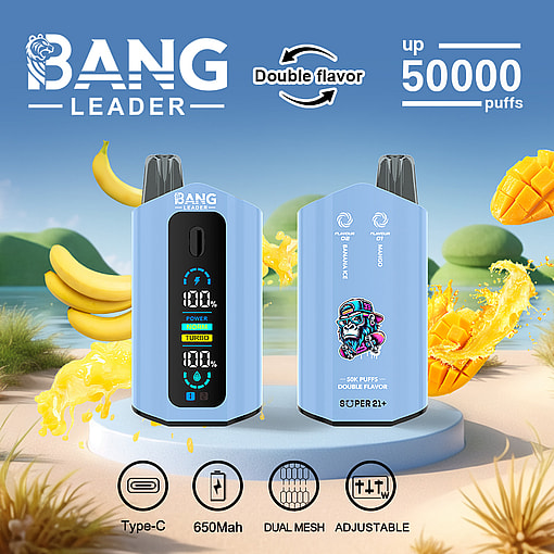 Two light blue Bang Leader disposable vape devices shown front and back with a beach background and mango and banana fruit splashes, text highlighting double flavor, 50,000 puffs, 650mAh battery, Type-C charging, dual mesh, and adjustable power features.