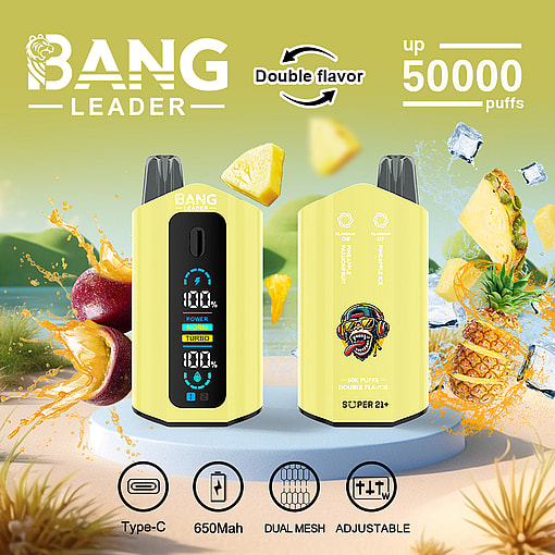Two yellow Bang Leader vaping devices with digital display and pineapple ice and passionfruit flavors, surrounded by splashes of pineapple and passionfruit on a green background, highlighting features like double flavor, 50,000 puffs, Type-C charging, 650mAh battery, dual mesh, and adjustable settings.