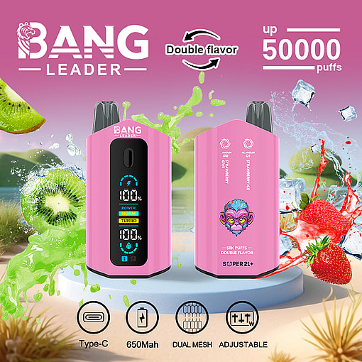 Two pink BANG LEADER vape devices with digital displays, surrounded by splashes of green kiwi and red strawberry juice, ice cubes, and kiwi and strawberry fruits on a purple and blue background, highlighting features like double flavor and up to 50,000 puffs.