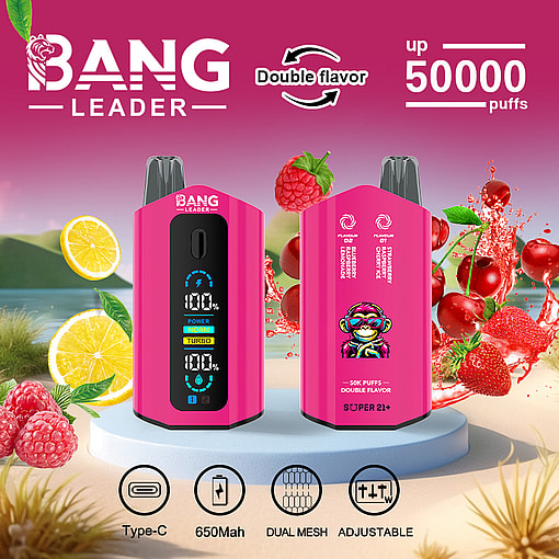 Two pink Bang Leader vape devices displayed on a white circular platform with a lakeside background, surrounded by raspberries, lemon slices, cherries, and strawberries, highlighting features such as double flavor, up to 50,000 puffs, Type-C charging, 650mAh battery, dual mesh, and adjustable settings.