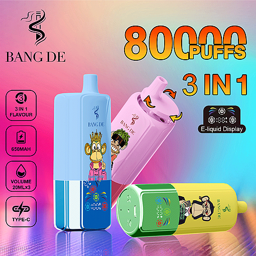 Three colorful Bang De disposable vape devices with cartoon monkey graphics, highlighting features like 8000 puffs, 3-in-1 flavour, 650 mAh battery, 20 mL volume, Type-C charging, and an e-liquid display, set against a vibrant gradient background.