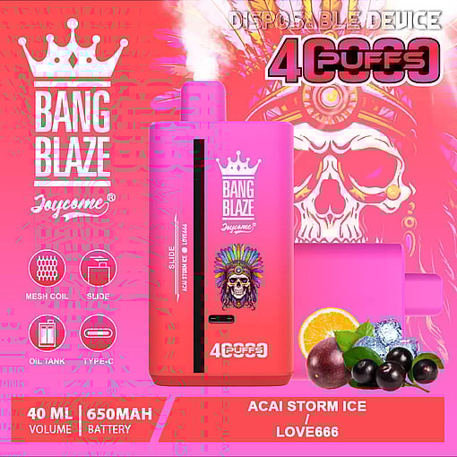 Pink disposable vape device with 40 puffs, branding 'Bang Blaze Joycome', featuring mesh coil, slide, oil tank, and Type-C charging icons; flavor 'Acai Storm Ice | Love666' with acai berries, orange slice, and ice cubes graphic in the background.