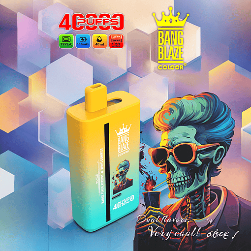 Yellow and turquoise gradient vape device with Bang Blaze colorful skull logo in sunglasses holding a drink on the side, set against a purple and orange hexagonal patterned background, featuring product details and icons for type-C charging, 650mAh battery, 40ml fluid, and mesh coil.