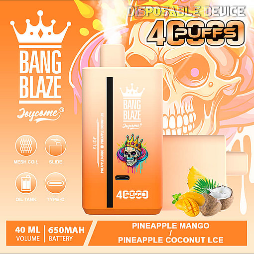 Orange to light peach gradient disposable vape device with skull wearing crown graphic, pineapple mango and pineapple coconut ice flavors, 40ml volume, 650mAh battery, mesh coil, slide mechanism, oil tank, and Type-C charging