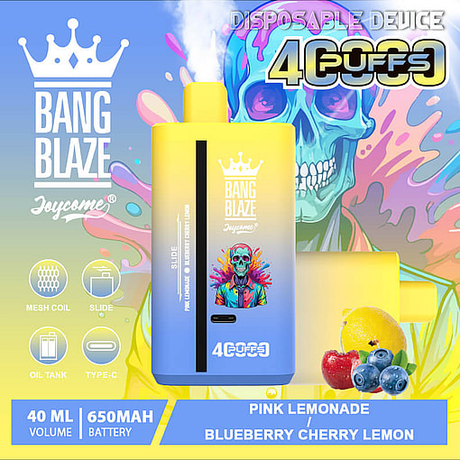 Bright yellow and blue disposable vape device labeled Bang Blaze Joycome with a graphic of a colorful person wearing a suit and a colorful skull background, text indicates 4,000 puffs, pink lemonade and blueberry cherry lemon flavors, 40 ml volume and 650 mAh battery, icons for mesh coil, slide, oil tank, and Type-C charging.
